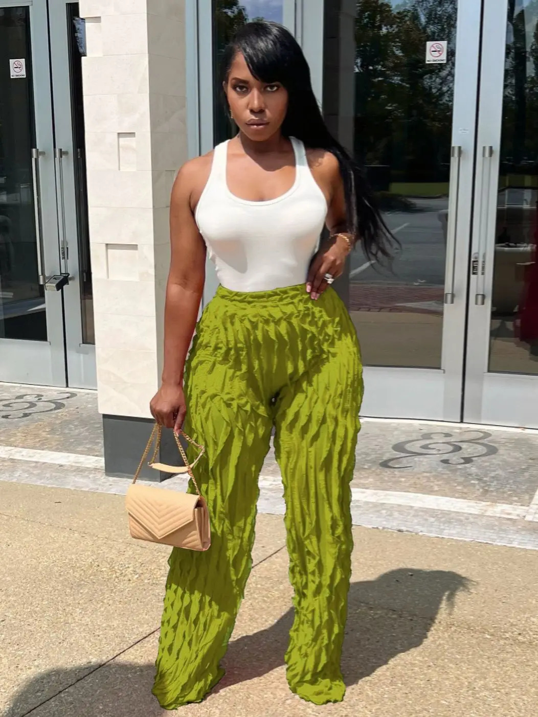 QFAF Women Wave Ruffles Splicing Wide Leg Pants Fashion Autumn streetwear see though Trousers 250106