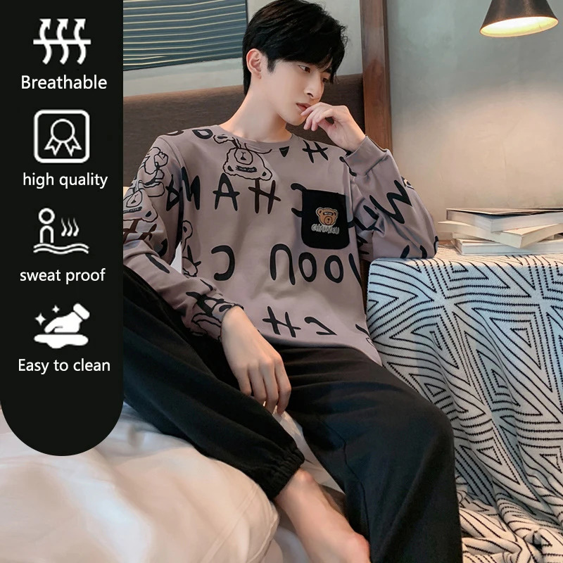 Men Plus Size Pajamas LongSleeved Trousers Grey Letters Cartoon Bear Student Pullover Two Easy to Clean Homewear 250103