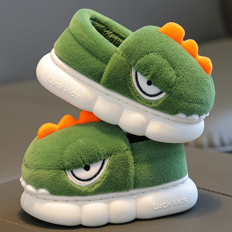 Winter Warm Cover Heel Soft Fluffy Slippers For Kids Childrens Cartoon Dinosaur Antiskid Scuff Boys Girls Home Cotton Shoes 250106
