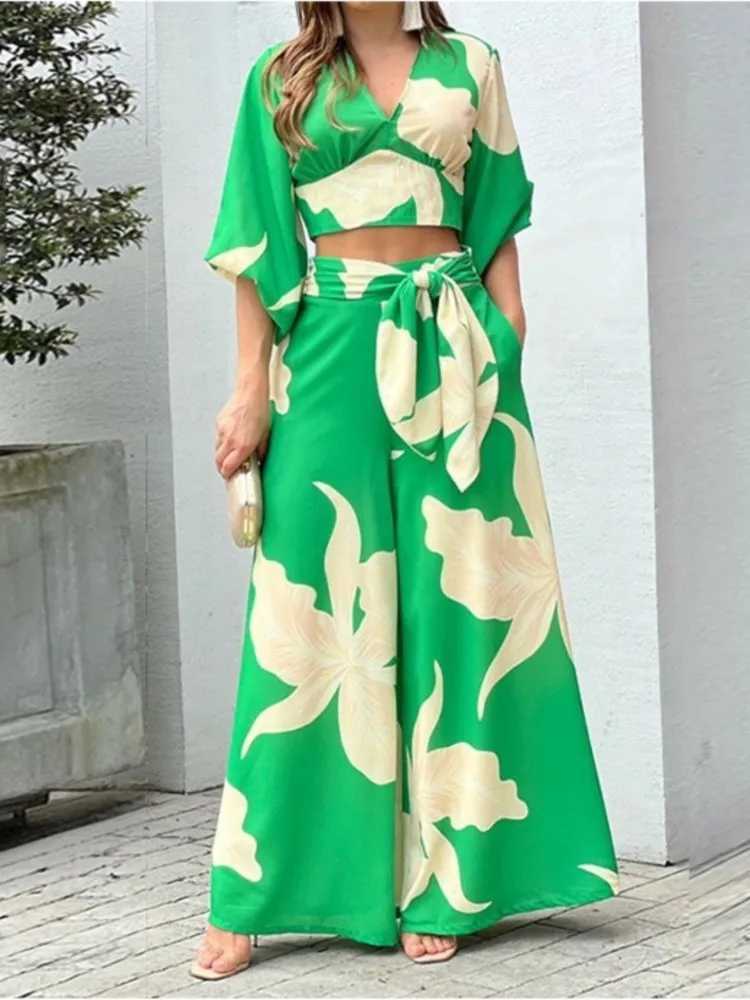 Vacation Beach Fashion Set Womens Fashion Spring V-neck Lantern Sve Top T-shirt Loose Sexy Lace Up Loose Pants Two Piece SetXJ250106