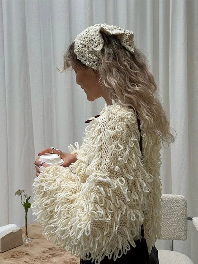 Tassel Knitted Cardigan Women Street Chic O-Neck Long Sleeve Female Sweaters 2024 Autumn Winter Single Breasted Loose Lady Coat 241225