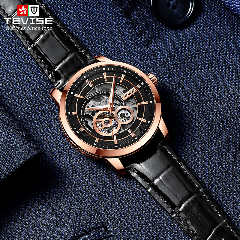 TEVISE New Style Business Fashion Mens Automatic Mechanical Watch with Leather Strap Wristwatch T031-T876C