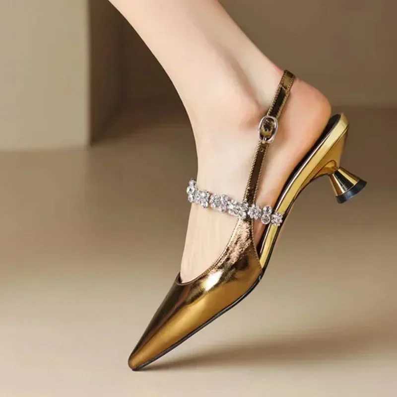 New Wens Sandals Pointed Toe New Slingbacks Rhinestone Wedding Shoes Gold Sliver Hot Low H Summer Zapatos De Mujer Z250107