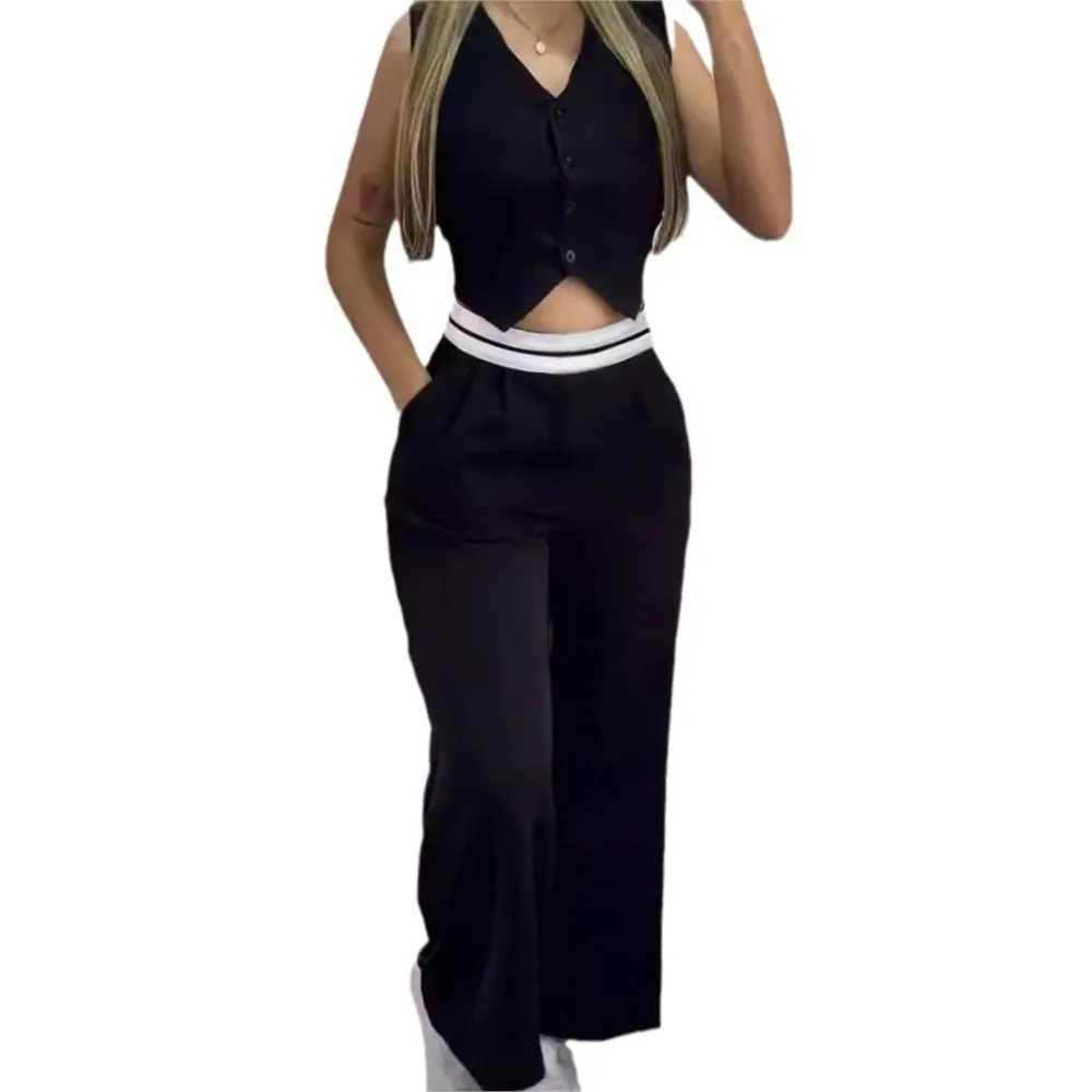 Womens 2 Piece Ele Comting V-Neck Buttoned Vest Top And Contrast Paneled High Waist Pocket Design Wide Leg Pants SuitXJ250106