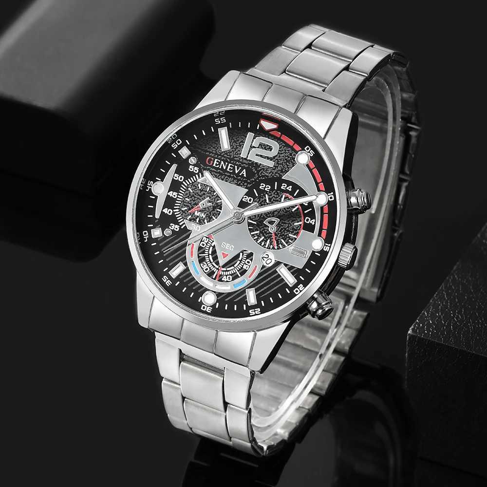 3pcs/set Mens Calendar Stainless Steel Quartz Watch Necklace Bracelet Set Ideal Choice for GiftsX250107