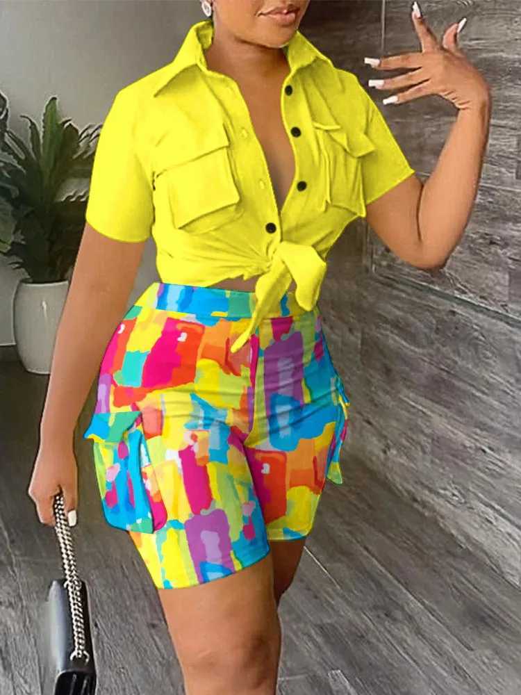 Pant Sets Women Printed Short Sved Shirt 2-piece Suit With Pockets Shoelace Top Shorts Thin Handbag SummerXJ250106