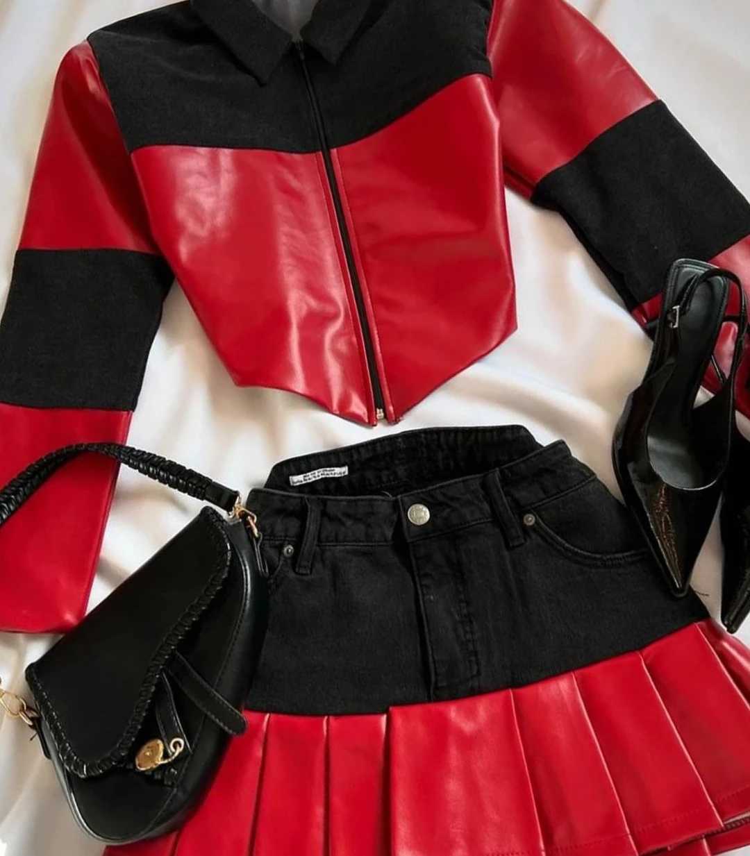 Womens two-piece Harajuku Gothic leather splicing work denim clothing fashion casual zipper leather jacket mini denim mini skirt set W250107