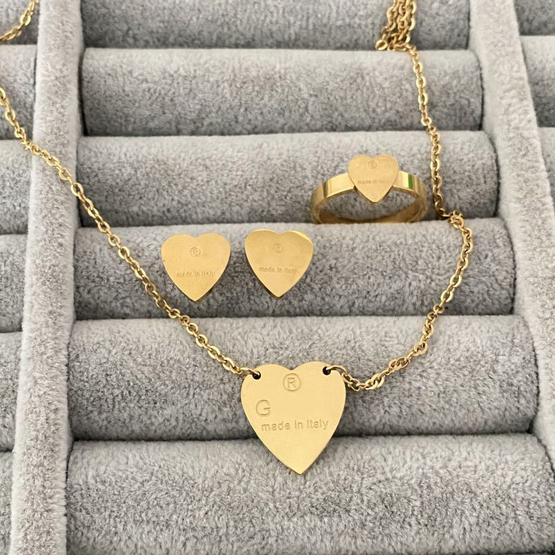 Gold Plated Simple heart Love Rings Earrings Necklace Luxury Brand Stainless Steel Couple Necklaces Fashion Designer Sets For Women