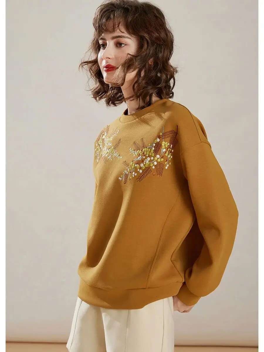 YAO Women Hoodies 2024 Spring New Round Neck Long Sleeve Contrast Color Embroider Casual Loose Fit Pullover Women's Top