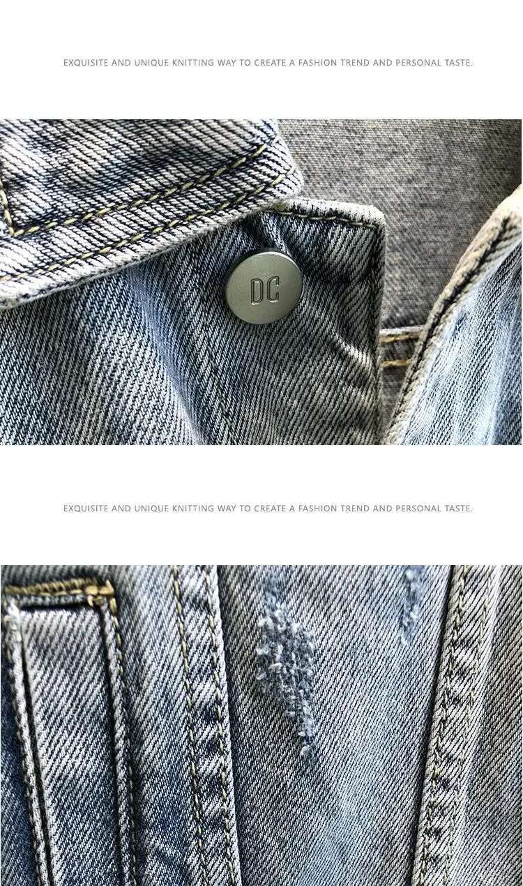 Denim Jacket Men Slimming Versatile Trendy Streetwear Top Cloth Material Regular Length Outerwear For Spring Autumn