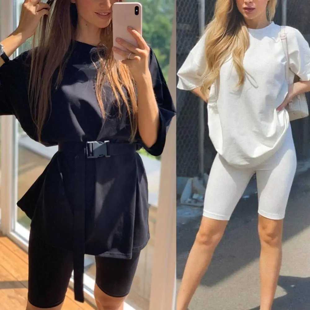 Women Half Sve T-shirt Top Shorts Belt Homewear Two Pieces Suit Leisure Set Loose Sports Tracksuits Summer Hot SuitXJ250106