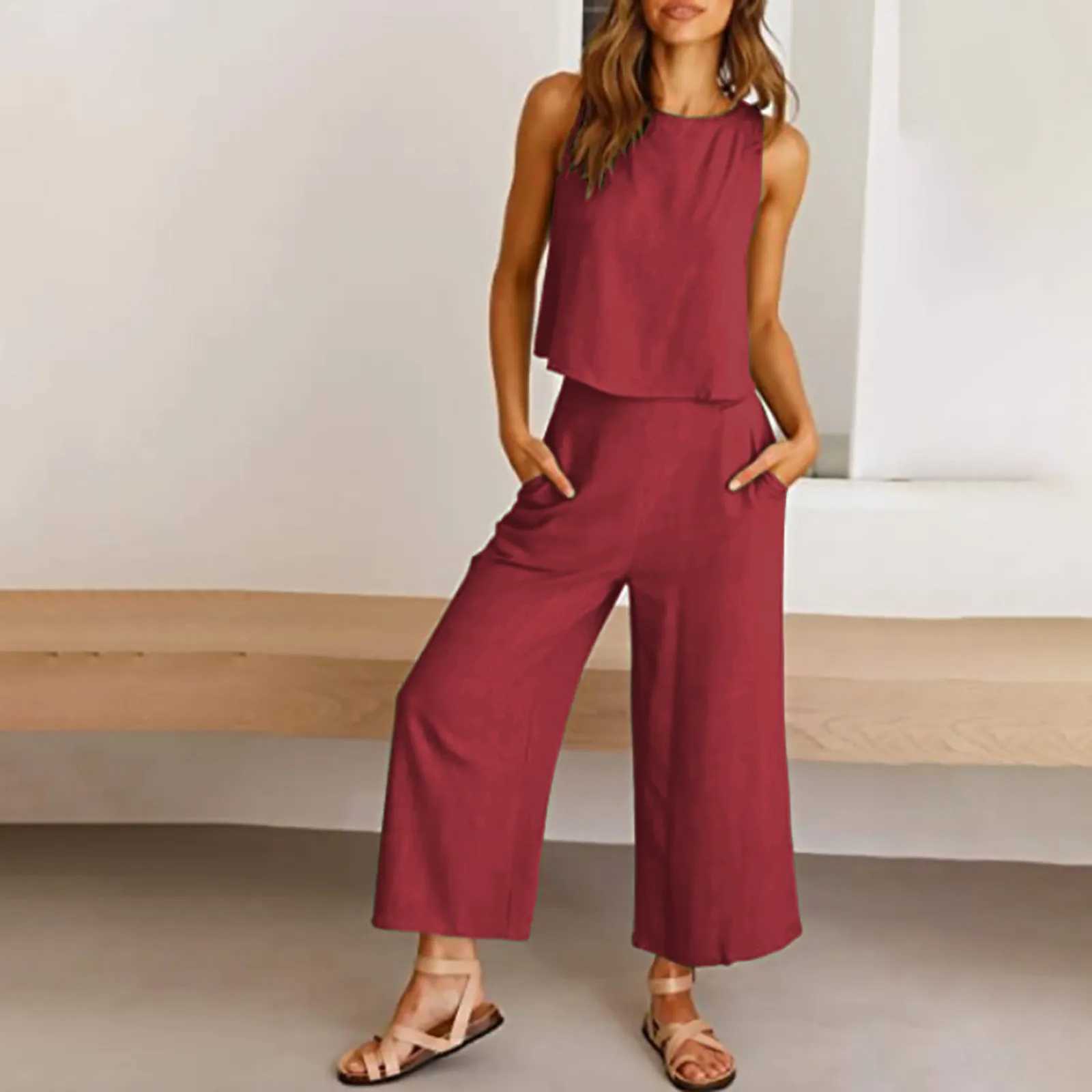 Women Summer Casual Linen 2 Piece Pants Set Solid Ele Two Piece Suit Sveless Wide Leg Trouser 2024 New In Matcing SetsXJ250106