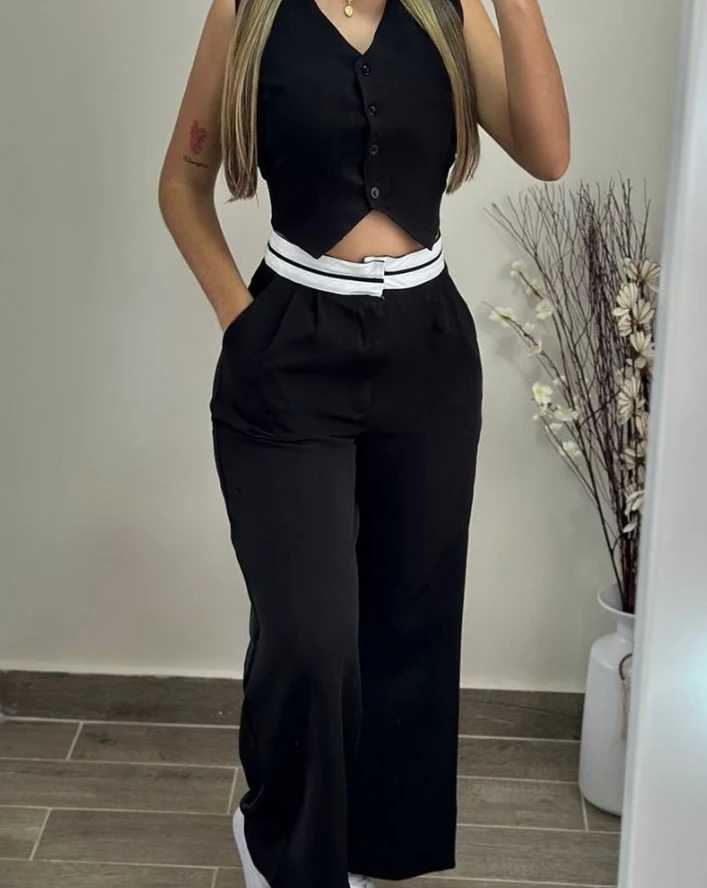 Hot Selling 2 Psc for Women 2024 Summer Casual Simple Solid Color Sveless V-Neck Buttoned Vest Top Pocket Design Pants SetXJ250106