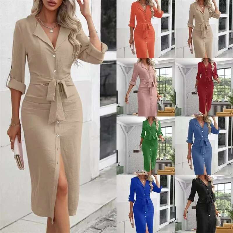 Casual Women's Shirt Solid Color Lapel Button Cinched Waist Strap Temperament Slit Autumn 2024 New Commuter Dress