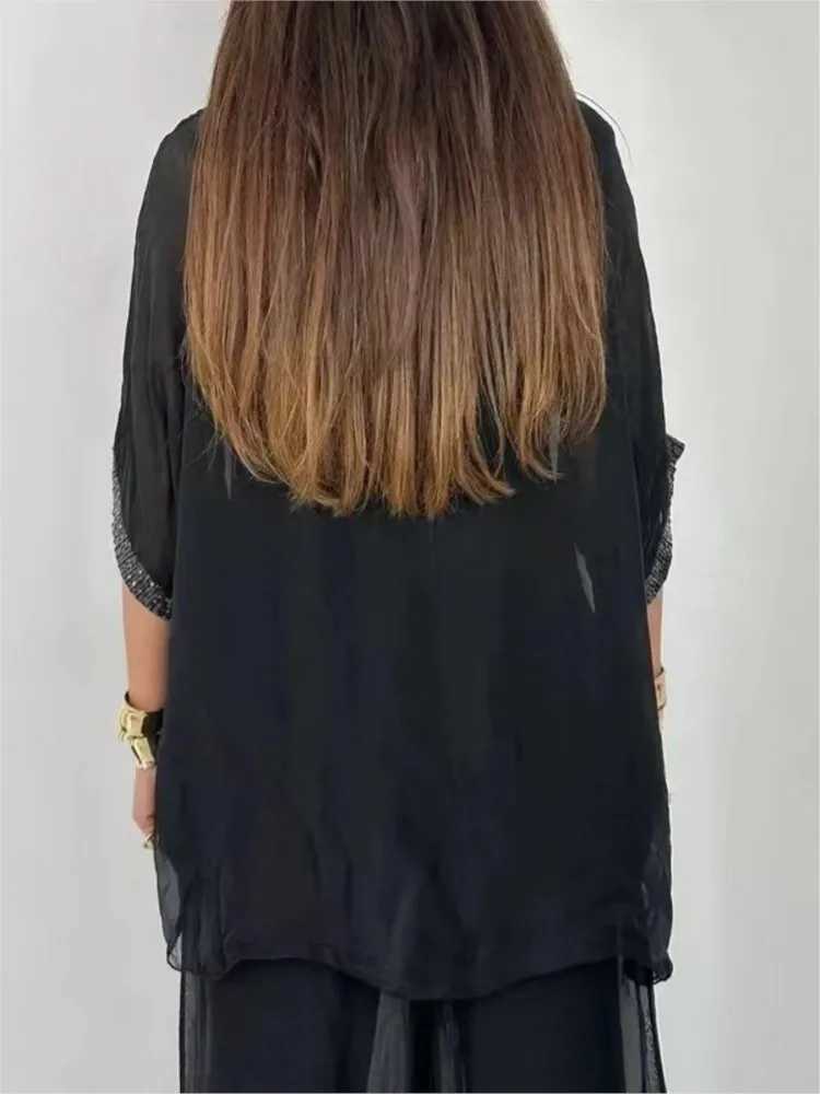 Fashion Sequin Splicing Chiffon Bat Short Sve For Womens Solid Color Suit Summer New Casual Ele Fe Office 2piece SetXJ250106