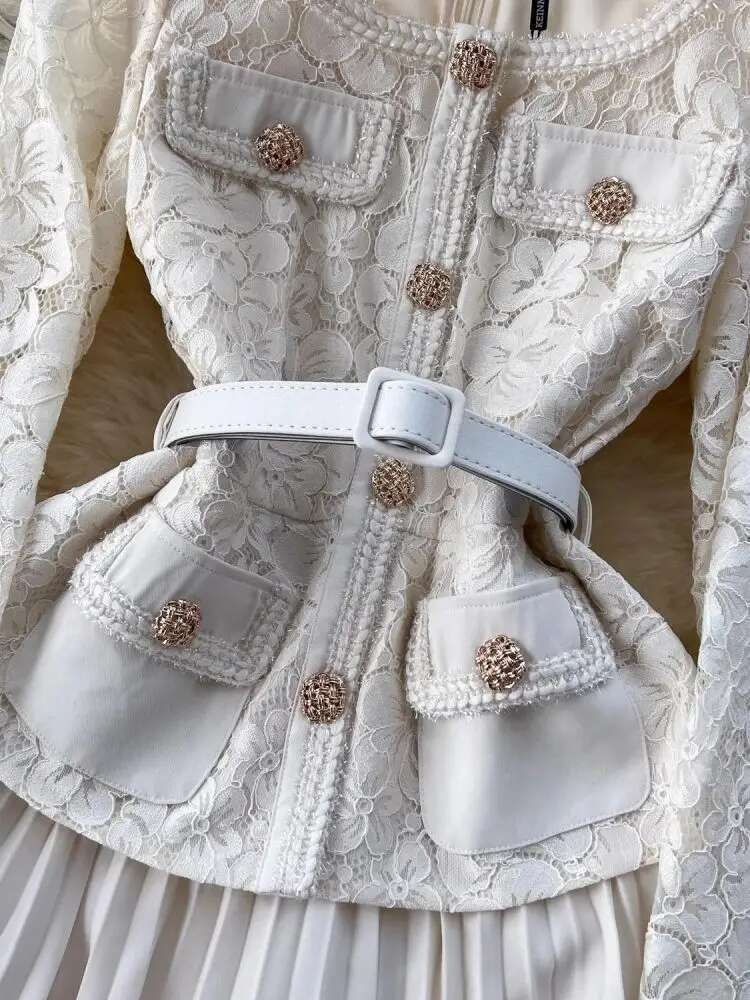 2025New Fashion Crochet Lace Patchwork Chiffon Pleated Dress Women Long Sleeve Golden Buttons Sashes Hollow Out Robe Vestidos