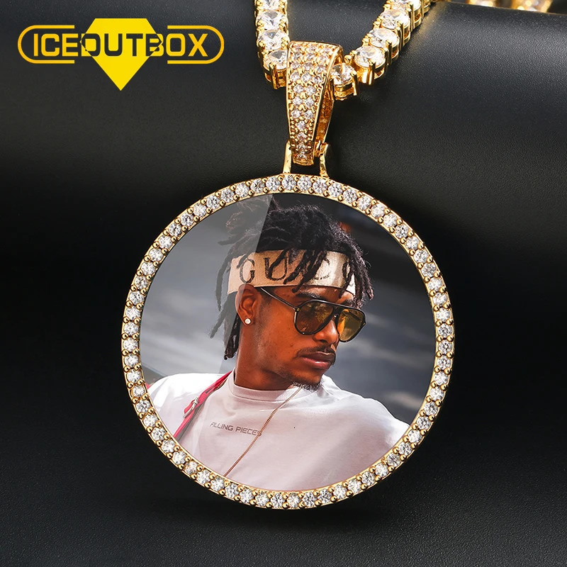 Custom Po Big Size Round Pendant Necklace Personality Mens Cubic Zircon Hip Hop Jewelry 4mm Tennis Chain Gold Silve Gift 250107