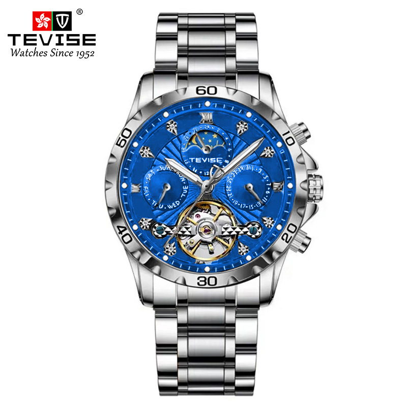 TEVISE Fashion Business Mens Mechanical Watch Waterproof Tourbillon Steel Strap Multifunctional Mens Watch T024-T9009