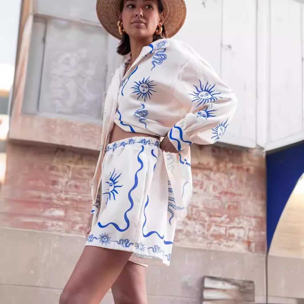 Womens Fashion Print Suit New Summer Linen Beach Vacation Suit Casual Versatile Shirt Cardigan Top Loose Shorts Two-piece SetXJ250106