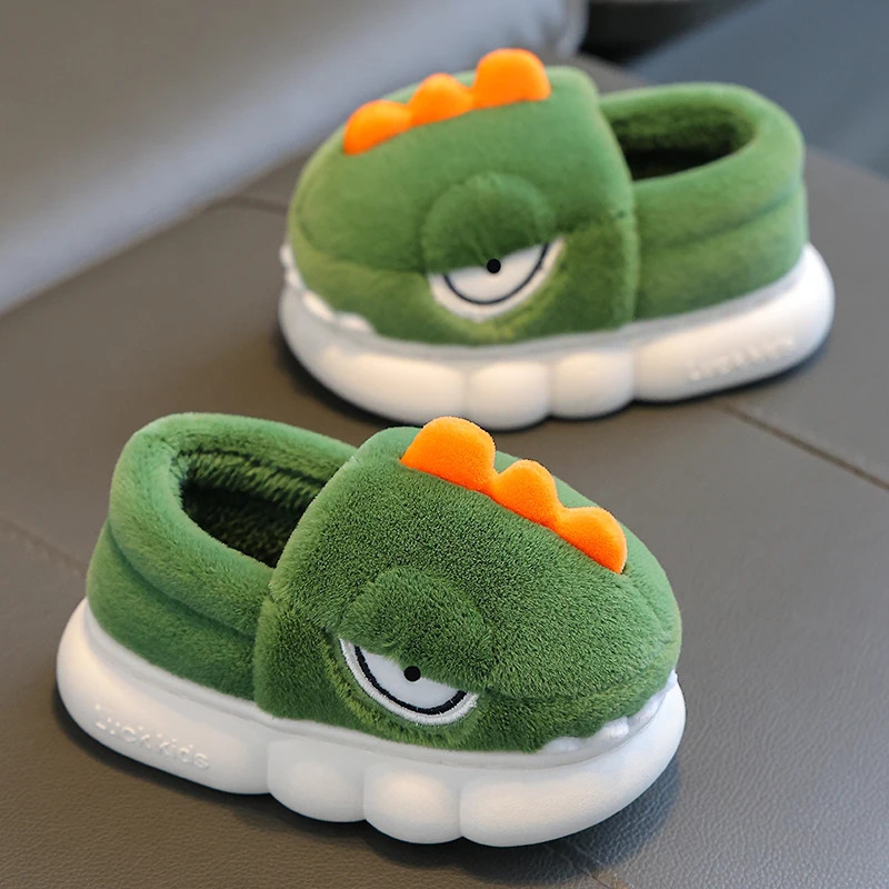 Winter Warm Cover Heel Soft Fluffy Slippers For Kids Childrens Cartoon Dinosaur Antiskid Scuff Boys Girls Home Cotton Shoes 250106