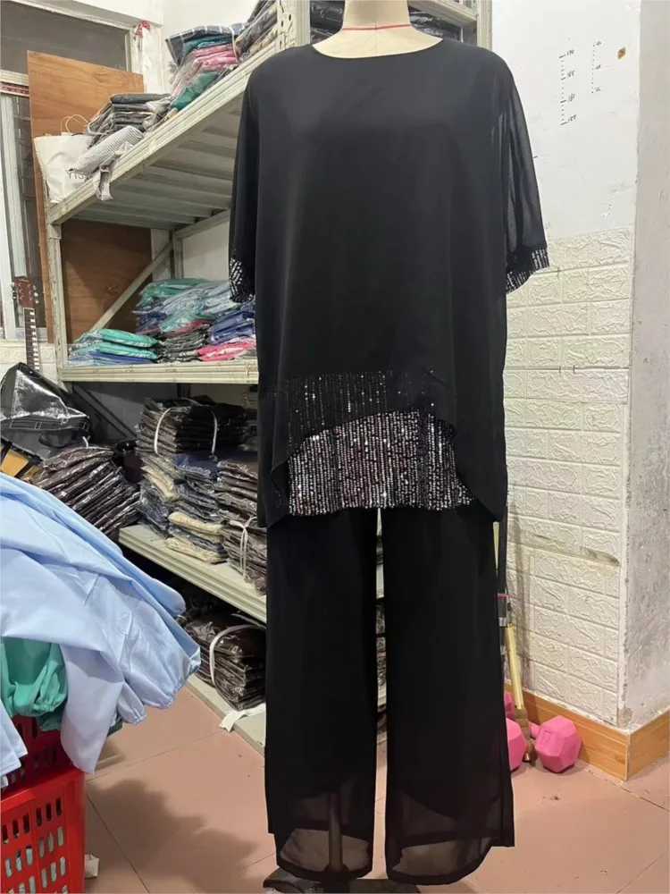 Fashion Sequin Splicing Chiffon Bat Short Sve For Womens Solid Color Suit Summer New Casual Ele Fe Office 2piece SetXJ250106