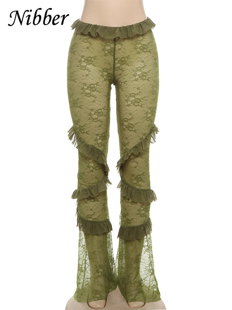 Nibber Sexy See Through Mesh Flare Pants Women Coquette Trend Hipster Skinny Elastic Midnight Wild Club Patchwork Trousers 250106