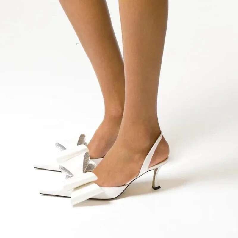 European And American Women's High-Heeled Pointed Bow Decoration Color Blocked Rhie Single Shoe Back Hollow Sandals