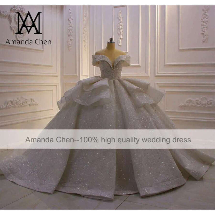 Robe Mariage Femme Off Shoulder Pleat Folds Glitter Shiny Wedding Dress