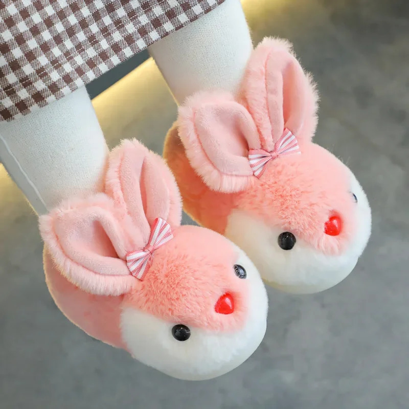 Cute Girls Rabbit Slippers Kids Winter Shoes Warm Fluffy Plush Children Causal Fashion Cotton Slippers Soft Bottom Boys Flats 250106