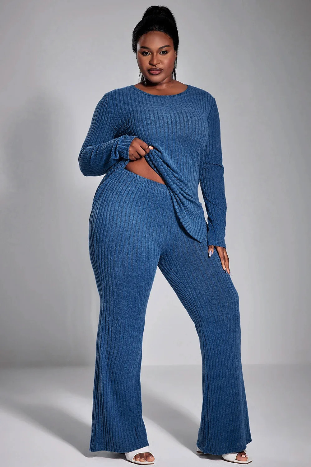 Plus Size Fall Winter Casual Pant Set Royal Blue Solid Color Slim Fit Knitted Round Neck Top Two Piece 250106