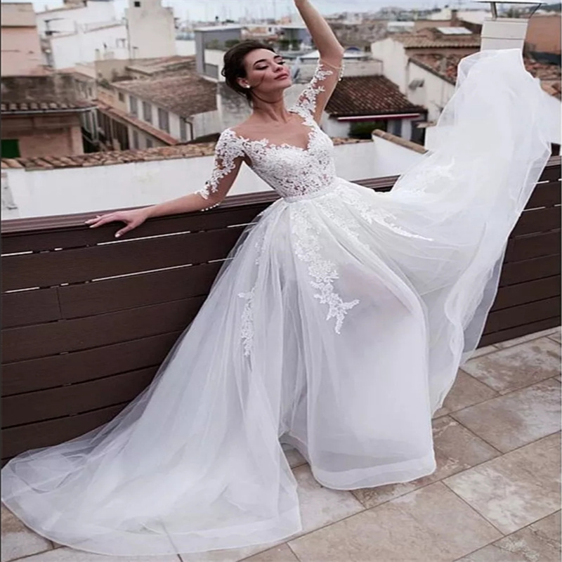 Celtic Civil Boho Wedding Dress With Removable Tail Two piece 2 In 1 Bohemian Bridal Dress Korean Beach Corto Bride Dress 2025 Long Sleeve A Line Vest