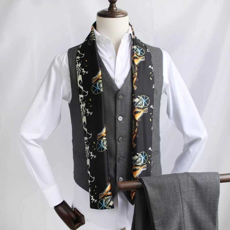 Mens silk scarf with British striped print narrow scarf Korean version womens retro suit decorative small scarf W250107