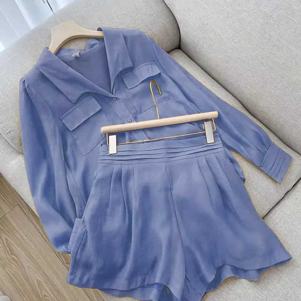 Spring Shirt Two Piece Set For Women Summer Shorts 2 Piece Sets Suits Solid Color Long Sve Shirt Short Casual Outfits FeXJ250106