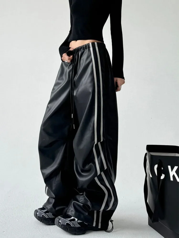 HOUZHOU Y2k Baggy Striped Leather Pants Vintage Woman Oversize Korean Fashion Harajuku Streetwear Casual Trousers Pleated Autumn 250106
