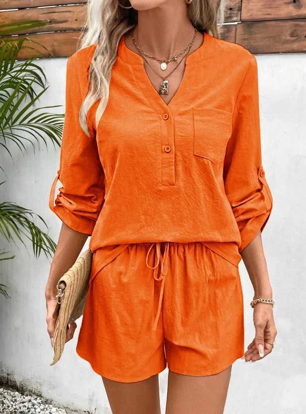 Summer womens two-piece set new cotton linen solid color V-neck pocket top drstring shorts set 2024 fashionable casual womenXJ250106