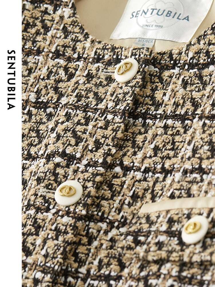 SENTUBILA Contrast Cuff Crop Tweed Jackets For Women 2024 Spring Autumn Elegant Long Sleeve Straight Outerwear Coat 141W52802