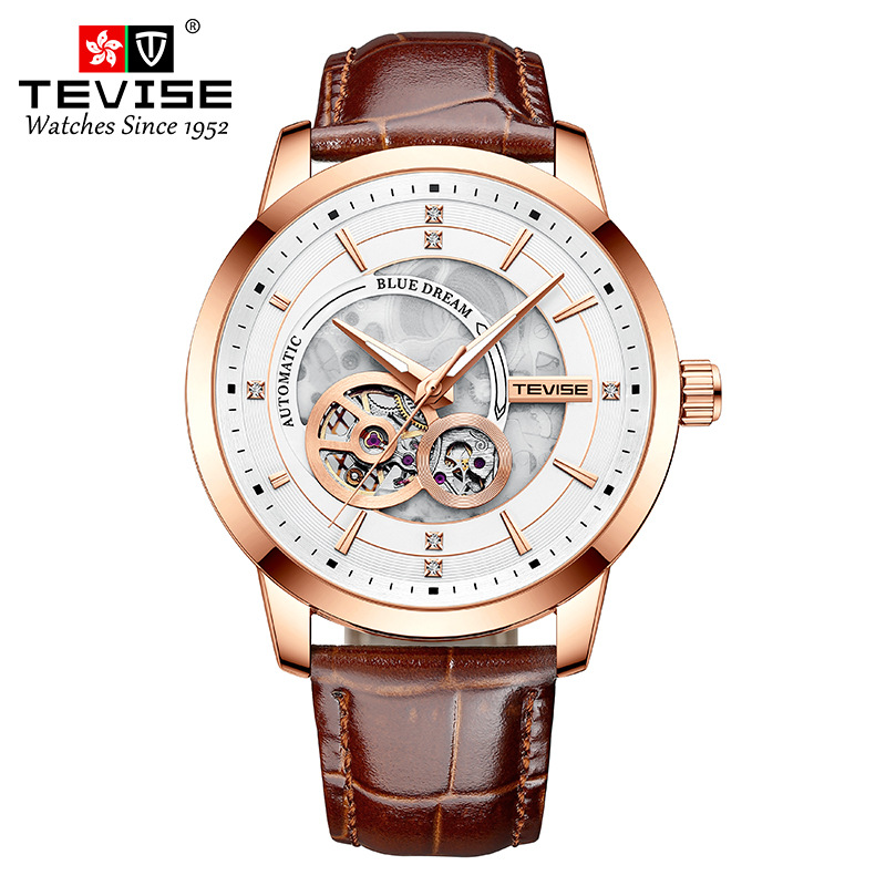 TEVISE New Style Business Fashion Mens Automatic Mechanical Watch with Leather Strap Wristwatch T031-T876C