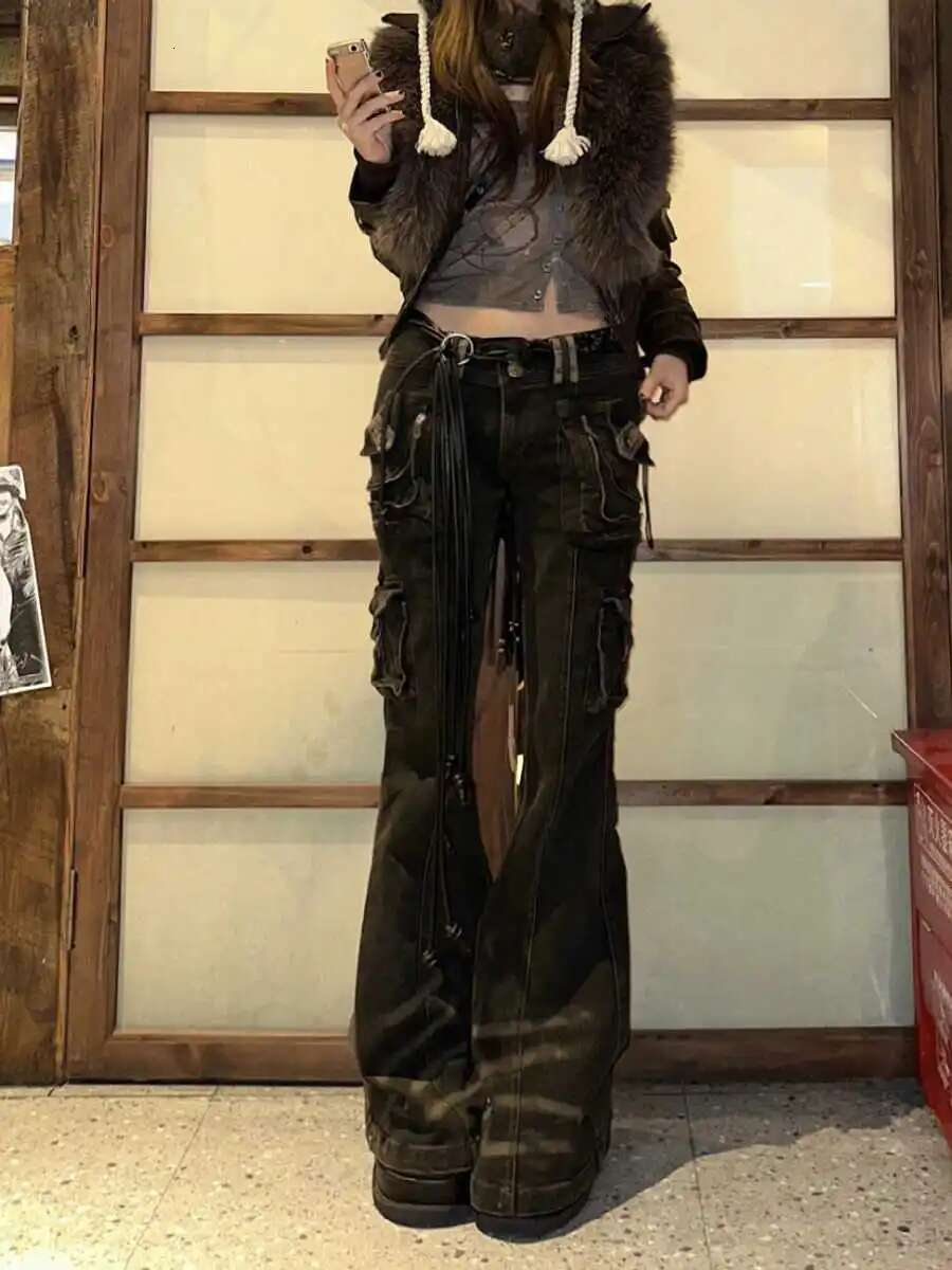 Women Korean Fashion Chic Jeans Grunge Japanese Haruku Gyaru Y2k Denim Cargo Pants Cyber Punk Hip-Pop 2000S Aesthetic Tomboy