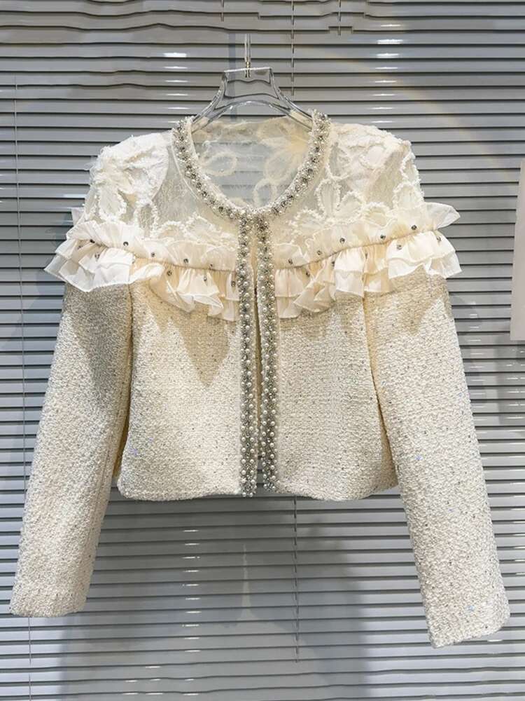 DEAT Trendy Women's Beading Edge Spliced Mesh Wer Tweed Coat 2024 Autumn Fashion New O-Neck Long Sleeve Jacket Female 11A0973