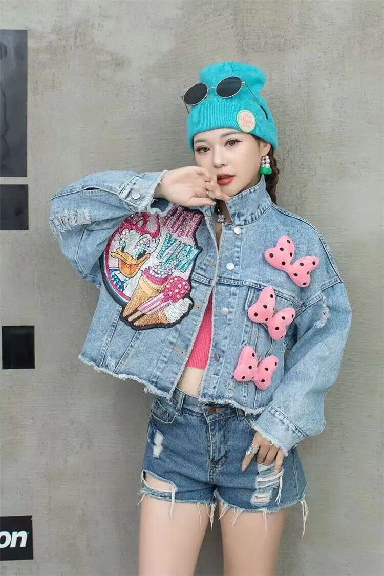 2025 New Women Coat Cartoon Sticker Embroidered Sequin Short Denim outdoor jacket Loose Bowknot Top