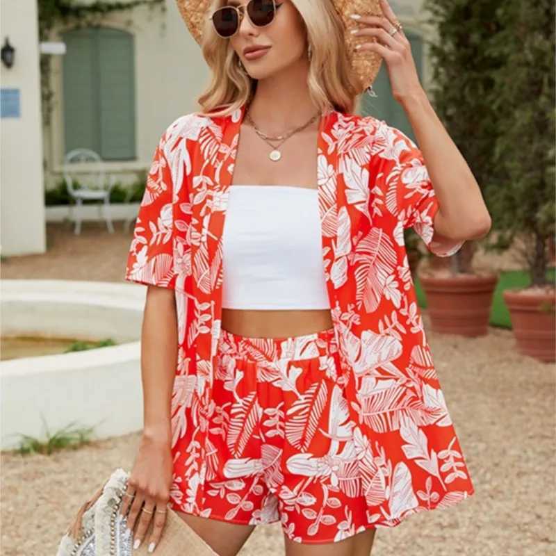 Fashion Vacation Set 2024 Womens New Floral Print Short Sved Cardigan Shirt Top Elastic Waist Shorts Two Piece Set OutfitsXJ250106