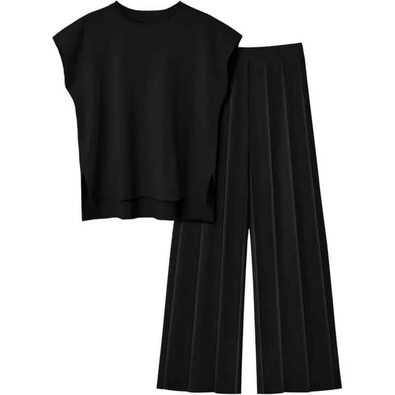 2-piece Set Ele Stylish Womens Sveless Tank Tops Knit Vest Wide-leg Pants Ice Silk Suit Summer New Solid Casual OutfitXJ250106