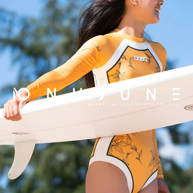 Nu-June Surfing Sport Swimsuit Long Sleeves Women One Piece Swimsuit Swimwear Solid Monokini Bathing Suit Tropical Bodysuit 250106