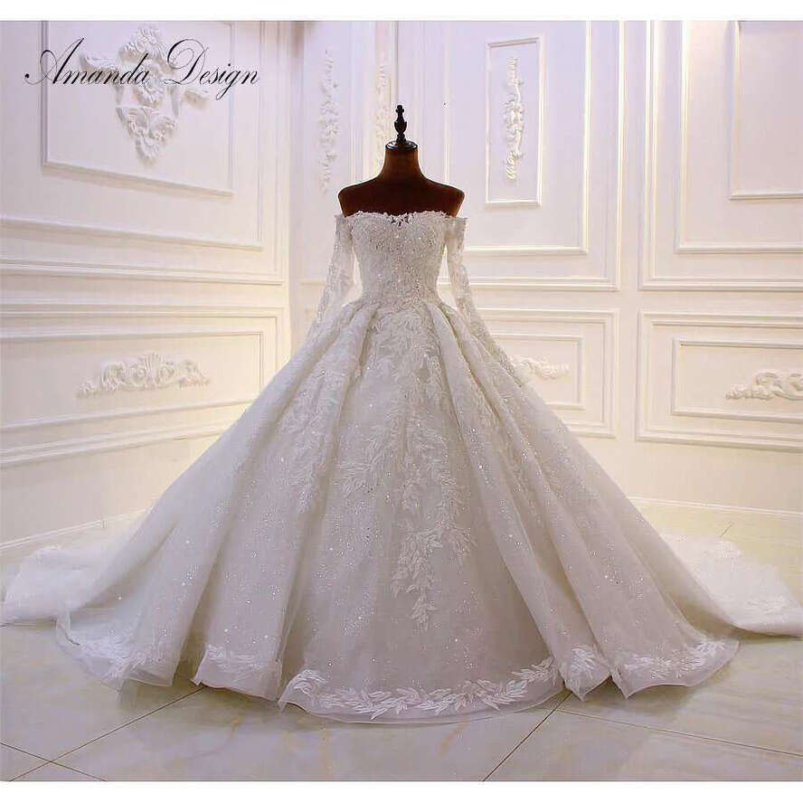 Amanda Design Robe De Mariage Off Shoulder Sleeves Shiny Crystal Long Train Wedding Dress