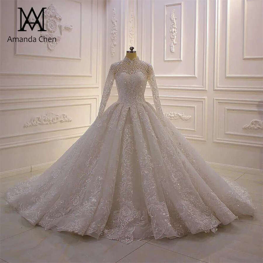 Abito Da Sposa High Neck Lace Applique Wedding Dress Long Sleeve