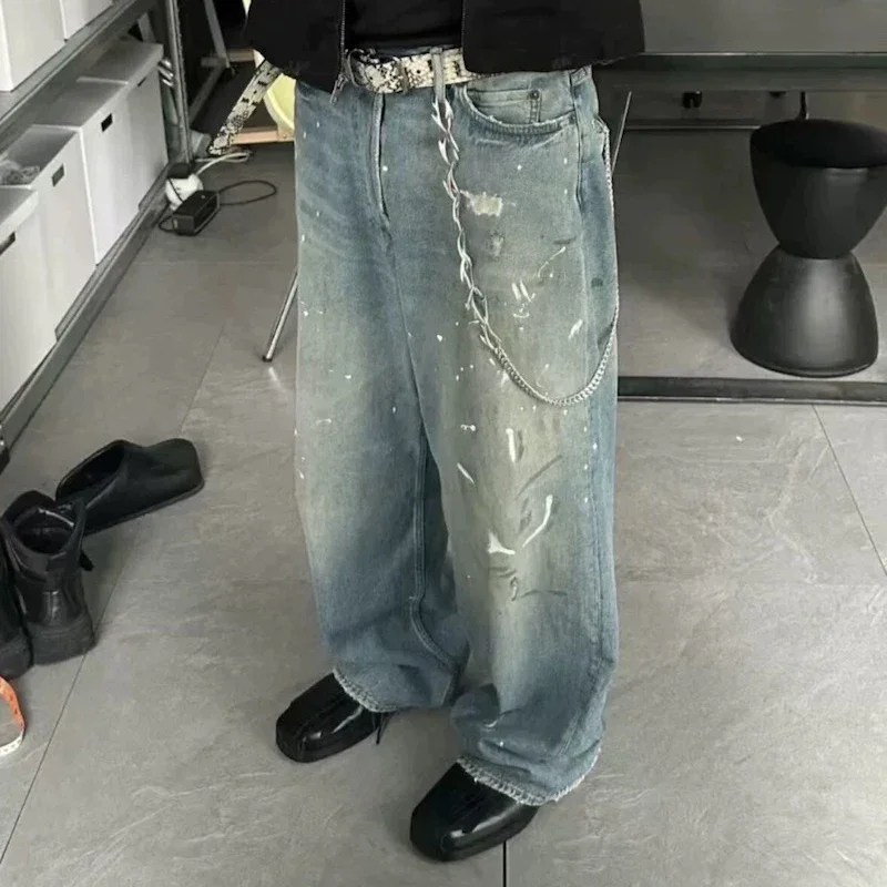 Graffiti Ink Splashing Mud Dyed Baggy Jeans for Men and Women Washed Streetwear Loose Casual Denim Trousers Oversized Cargos
