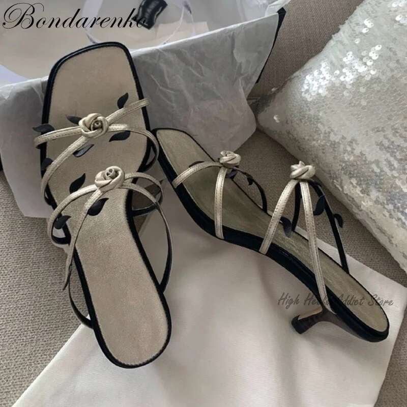Vintage White Pink Rose Slippers Women wers Straps Low Heel Mules Sandals Designer Summer New in Party Shoes