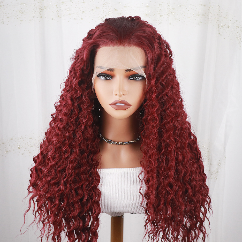 Fashion Long Deep Wave Women Stylish Wine Red 36Inch Natrual Curly Wig Good Texture Heat Resistant Fiber Look Like Human Hair