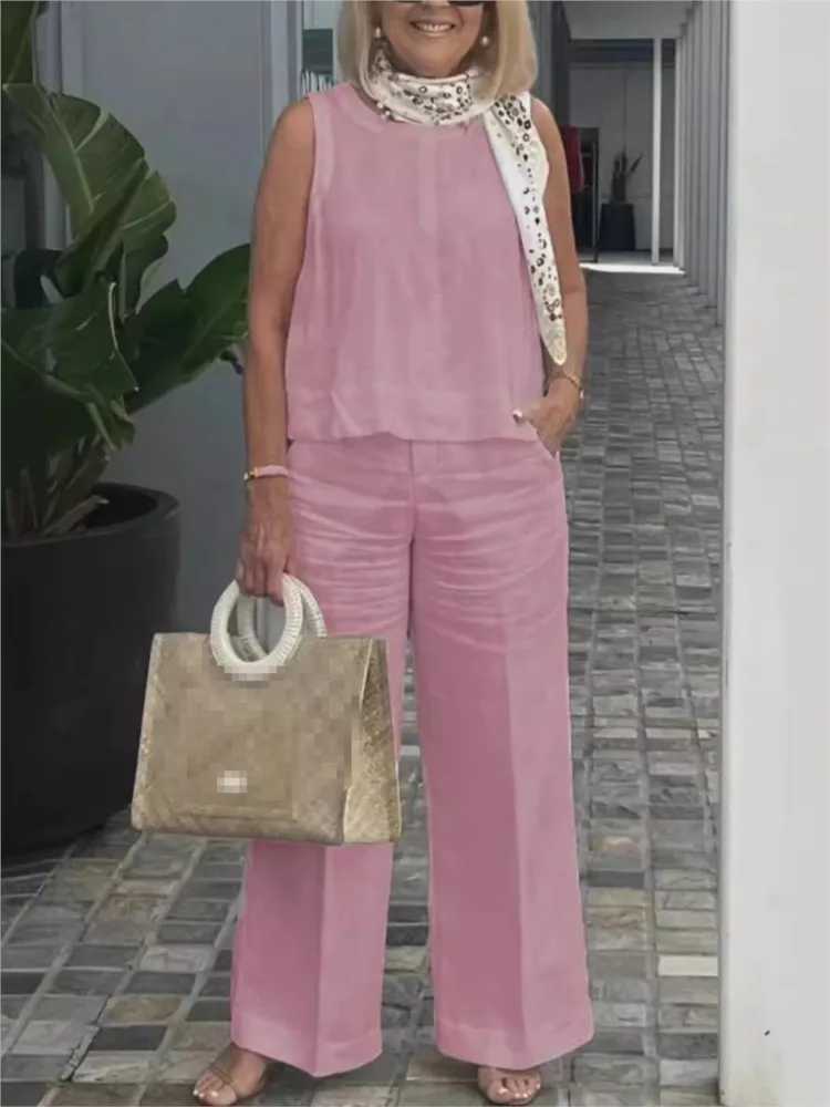 Solid Color Cotton Linen Two Piece Set Womens Suits Sveless Loose Top Wide Leg Pants Women Everyday Comfort Fashion OutfitsXJ250106