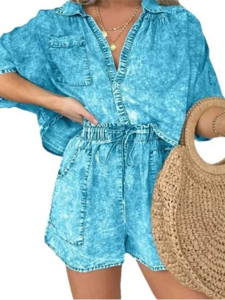 Fashion Vintage Denim Blue Shorts Suit For Women Summer New Simple Fashion Pocket String Casual Loose Tops 2 Piece Set FeXJ250106